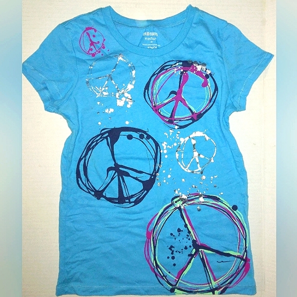 ☆NWT☆OLD NAVY☆Girls Beautiful Blue Peace Sign Print Short Sleeve T-shirt ~Med~ - Picture 2 of 11